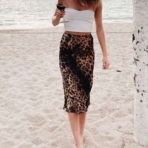Satin Leopard Print Midi Skirt XS